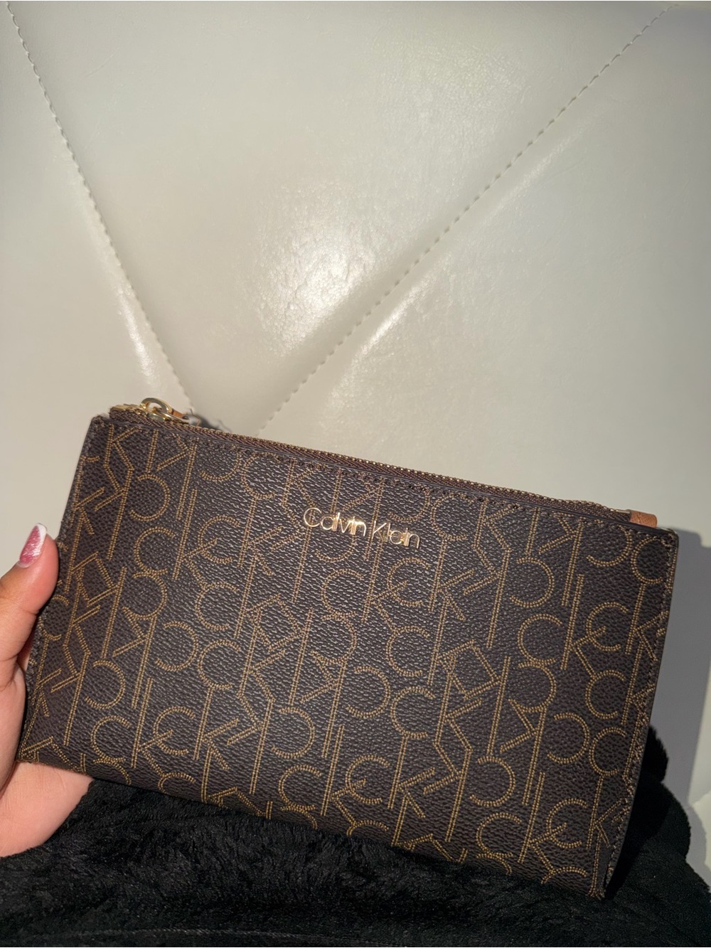 Calvin Klein Brown Logo Print Wristlet Clutch with Gold Accent